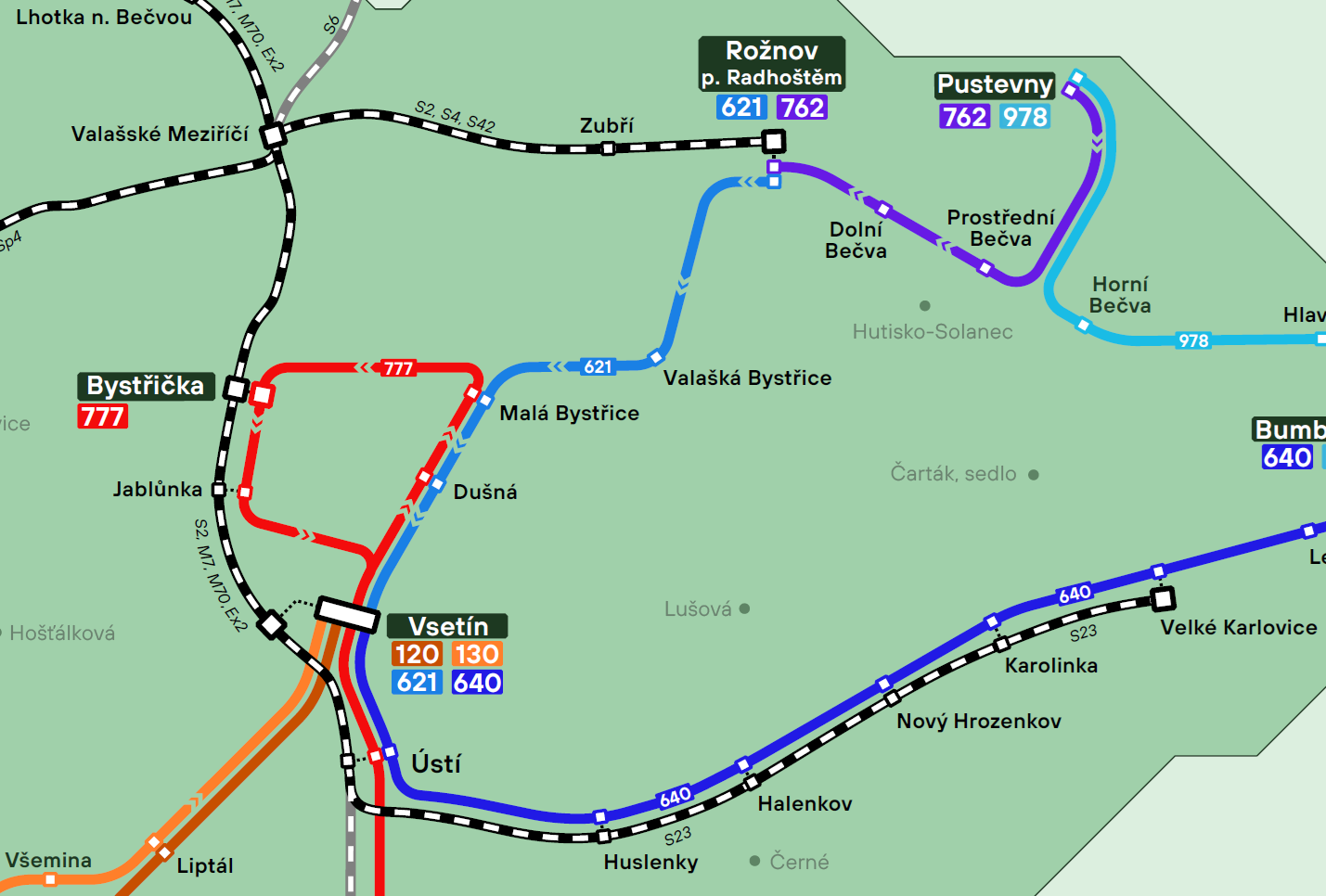 Detail sítě cyklobusů na Vsetínsku v roce 2026